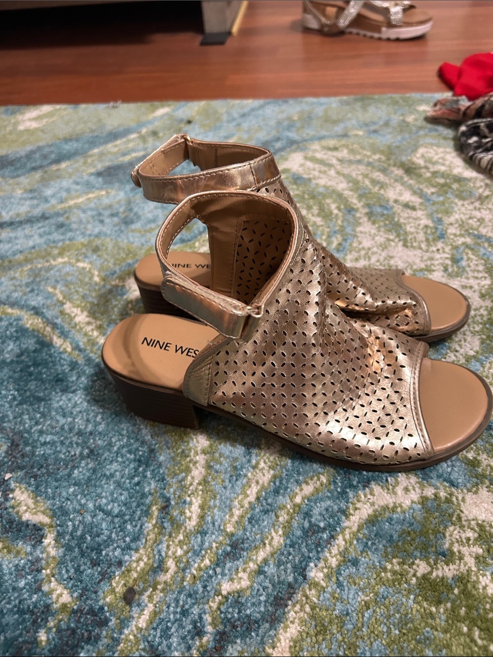 Nine West Metallic Gold Perforated Ankle-Strap Sandals - Picture 5 of 6